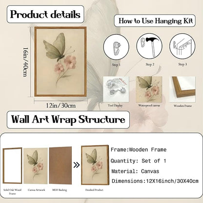 Framed Vintage Wall Art, Butterfly and Pink Floral Pictures Wall Decor, Retro Flower Moth Painting Canvas Prints Cottagecore Home Decor Aesthetic for Living Room Bedroom Bathroom 12x16 inch