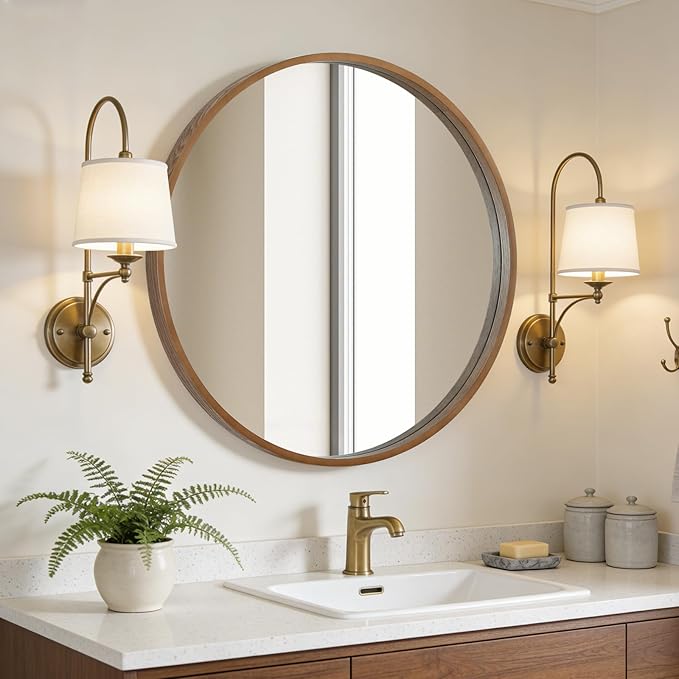 WallBeyond Round Wood Mirror, 32" Round Modern Decoration Large Circle Wall Mirror for Bathroom Living Room Bedroom Entryway, Walnut