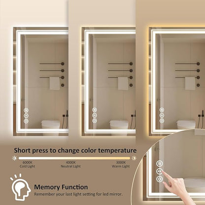 WTTY LED Bathroom Mirror 32x24 Inch, Front Light and Backlit LED Mirror for Bathroom, Lighted Vanity Mirror for Wall, Stepless Dimmable, Anti-Fog, Shatter-Proof, Memory, Double LED Vanity Mirror