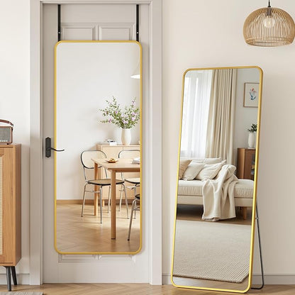 Antok Over The Door Mirror Full Length, 58'' x 21''Wall Mounted Hanging Mirror, Aluminum Alloy Frame, Shatterproof Glass, No Drill Installation for Bedroom, Closet, Bathroom, Dorm, Round Corner,Gold