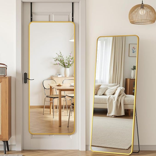 Antok Over The Door Mirror Full Length, 58'' x 21''Wall Mounted Hanging Mirror, Aluminum Alloy Frame, Shatterproof Glass, No Drill Installation for Bedroom, Closet, Bathroom, Dorm, Round Corner,Gold