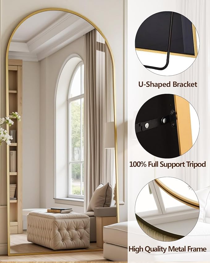 DMWOODFL 77x38 Inch Gold Arched Full Length Mirror - Freestanding Floor Mirror with Stand, Shatterproof Glass & Anti-Tip Base for Large Living Room, Bedroom, Entryway