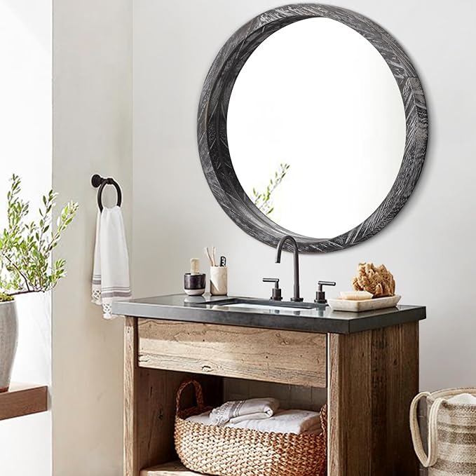 JJUUYOU Round Wall Mirror Circular Wooden Hanging Mirror for Bathroom Large Circle Black Mirror for Decor Wall Mounted Mirror for Farmhouse Living Room Bedroom 24Inch