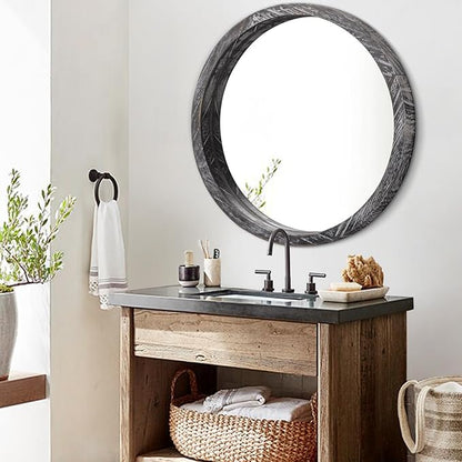 JJUUYOU Round Wall Mirror Circular Wooden Hanging Mirror for Bathroom Large Circle Black Mirror for Decor Wall Mounted Mirror for Farmhouse Living Room Bedroom 24Inch