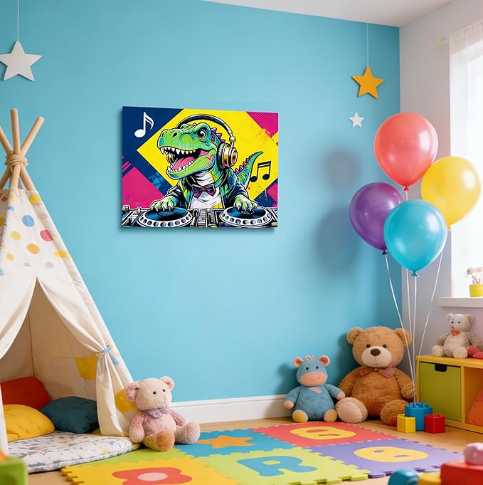 16x24 Pop DJ Dinosaur Canvas Wall Art Prints, Graffiti T-Rex Music Decor with Headphone & Turntable, Colorful Wall Painting for Teen Boy/Kids Bedroom, Child Home Painting Vibrant Hanging Game Poster