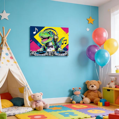 16x24 Pop DJ Dinosaur Canvas Wall Art Prints, Graffiti T-Rex Music Decor with Headphone & Turntable, Colorful Wall Painting for Teen Boy/Kids Bedroom, Child Home Painting Vibrant Hanging Game Poster