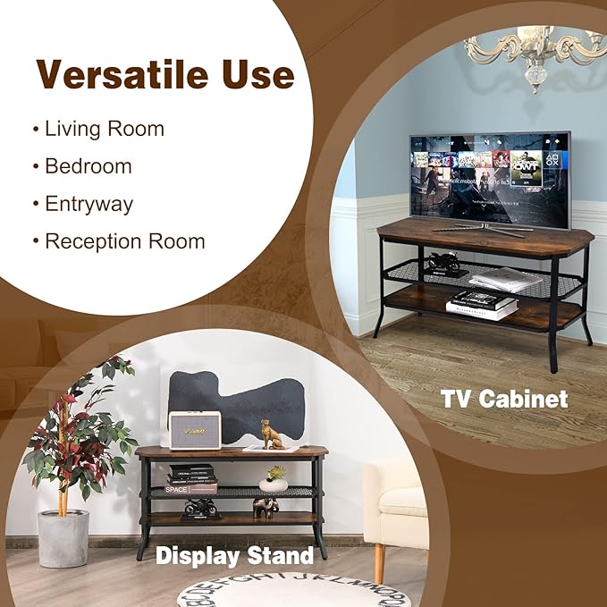 GOFLAME Industrial TV Stand for TVs up to 46", 3-Tier Wood TV Cabinet with Steel Frame, Rustic Entryway Console Table, Media Entertainment Center for Living Room, Bedroom, Rustic Brown & Black