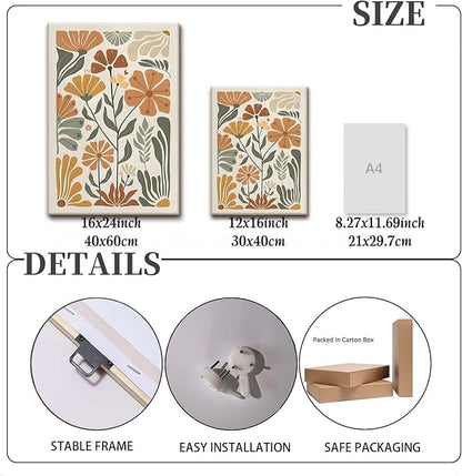 KISSFOX 3 Piece Framed Wall Art Floral Wall Decor Flower Canvas Art Green Beige Yellow Pictures Abstract Paintings Boho Prints Modern Artwork For Bedroom Bathroom Living Room