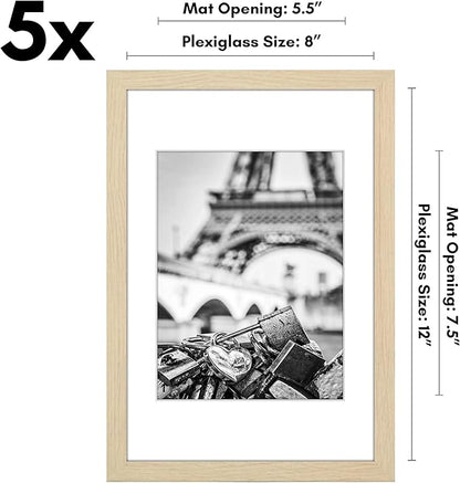Americanflat 8x12 Picture Frame with Polished Plexiglass - Set of 5 - Use as 6x8 Frame with Mat or Display 8x12 Photo Without Mat - Galleria Collection - Picture Frames for Wall Display - Natural Oak