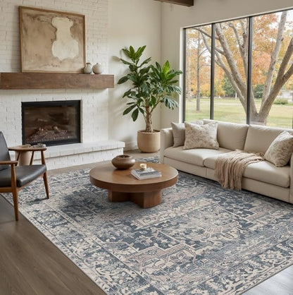 Rugxara 5x7 Area Rugs for Living Room Bedroom, Blue Washable Rug, Vintage Retro Boho Rug, Non Slip & Low Pile Faux Wool Thin Carpet for Indoor Dining Room and Kids Room(Blue 5x7ft)