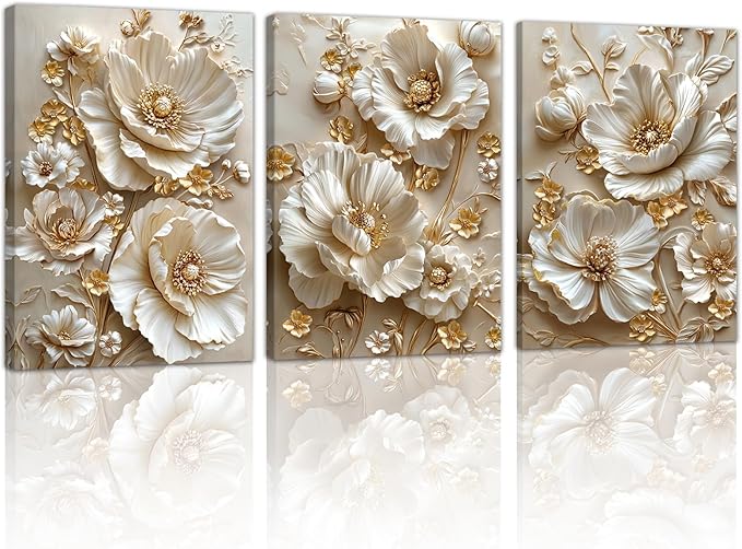 3 Pcs Modern Beige Gold Peony Floral Canvas Wall Art, Neutral Elegant 3d Beige Flowers Wall Painting White Blooming Floral Pictures Posters Art Print Home Decor for Bedroom Living Room Office 12"x16"x3
