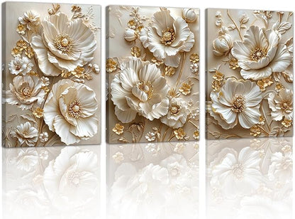 3 Pcs Modern Beige Gold Peony Floral Canvas Wall Art, Neutral Elegant 3d Beige Flowers Wall Painting White Blooming Floral Pictures Posters Art Print Home Decor for Bedroom Living Room Office 16x24x3