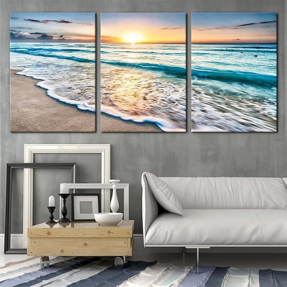 Pacimo 3 Panels Beach Canvas Wall Art for Home Decor Blue Sea Sunset White Beach Painting The Picture Print on Canvas Seascape The Pictures for Home Decor Decoration Ready to Hang - 20"x28"x3 Panels