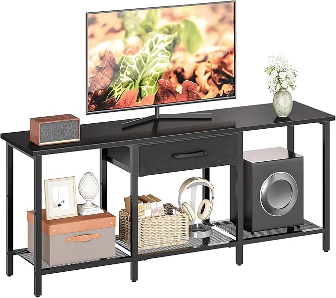 HOOBRO TV Stand for TVs up to 55 Inch, Entertainment Center with Fabric Drawer & Open Shelves, Industrial TV Media Console Table with Storage, for Living Room, Bedroom, Black BB125DS01