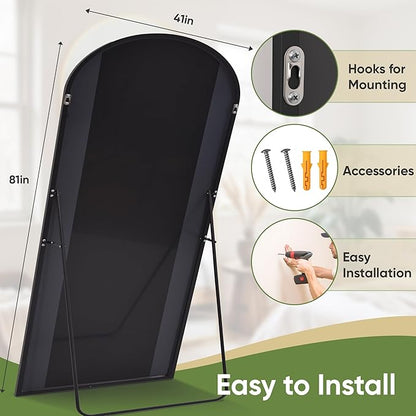 Full Length Mirror, 81"x41" Arched Full Body Mirror, Floor Mirrors with Stand, Body Mirrors Standing Hanging Leaning Against Wall,Aluminum Frame Mirrors for Bedroom Cloakroom,Living Room,Black