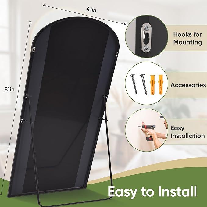 Arched Full Length Mirror 81 x 41 Inch, Full Body Mirror with Stand, Standing Hanging or Leaning Against Wall, Metal Frame Floor Mirror for Bedroom, Living Room, Cloakroom,Black