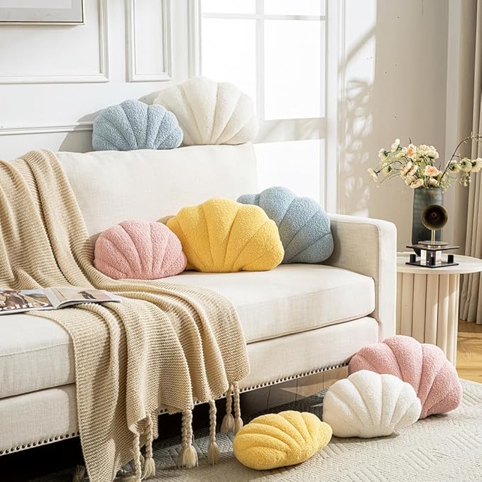 XIAIJIA Seashell Throw Pillows Shell Shaped Pillow Blue Sea Shell Pillows for Bed Seashell Decorative Pillow Soft Plush Pillow Sea Couch Decoration(13 X 10 inch)