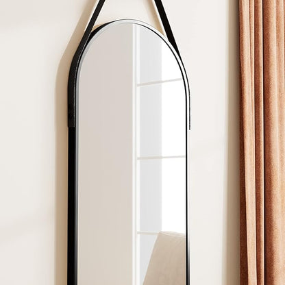 OGCAU 16''x48'' Arched Full Length Mirror for Wall, Full Body Arched-Top Hanging Mirror or Wall Mounted in Bedroom, Living Room, Aluminum Alloy Frame with Straps (Black)
