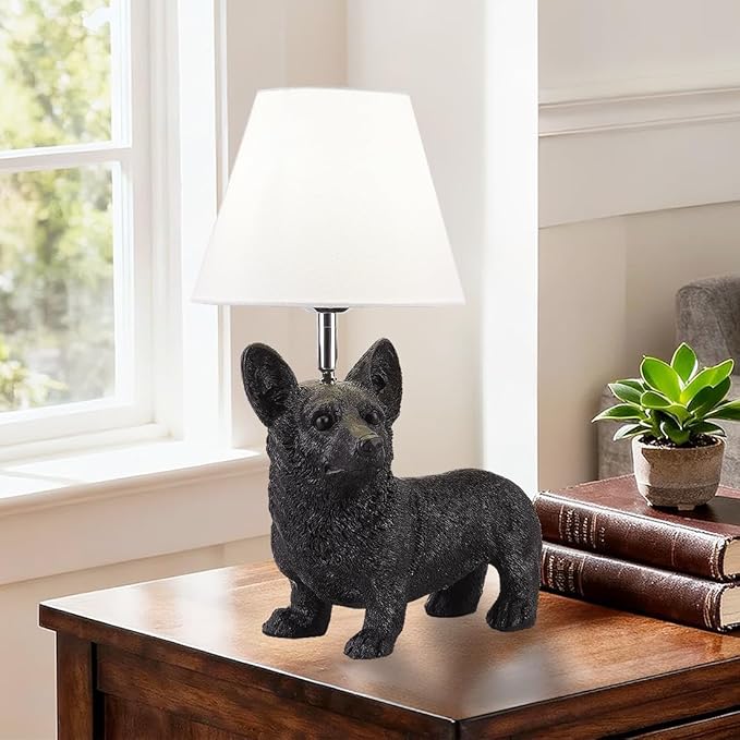 Black Corgi Table Lamp Modern Resin Puppy Desk Lamp Aesthetic Linen Bedside Lamp for Night Stands Living Room Bedroom Corner Kid’s Room Decor