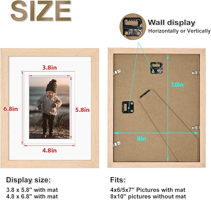 KINLINK 8x10 Picture Frame White Oak, Solid Light Wood Frames with Acrylic Plexiglass for Pictures 4x6/5x7 with Mat or 8x10 without Mat, Tabletop and Wall Display, Set of 4