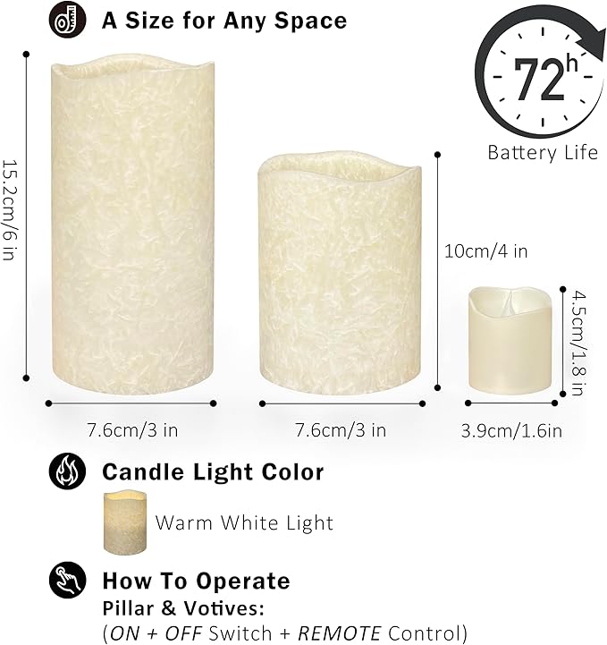FURORA LIGHTING Ivory Crystallized Flameless Candles - Real Wax, Adjustable Brightness, Remote & Timer - 4 Pillars (3x4, 3x6) and 4 Votives, 8-Pack, Battery Operated