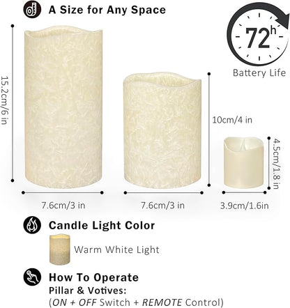 FURORA LIGHTING Ivory Crystallized Flameless Candles - Real Wax, Adjustable Brightness, Remote & Timer - 4 Pillars (3x4, 3x6) and 4 Votives, 8-Pack, Battery Operated