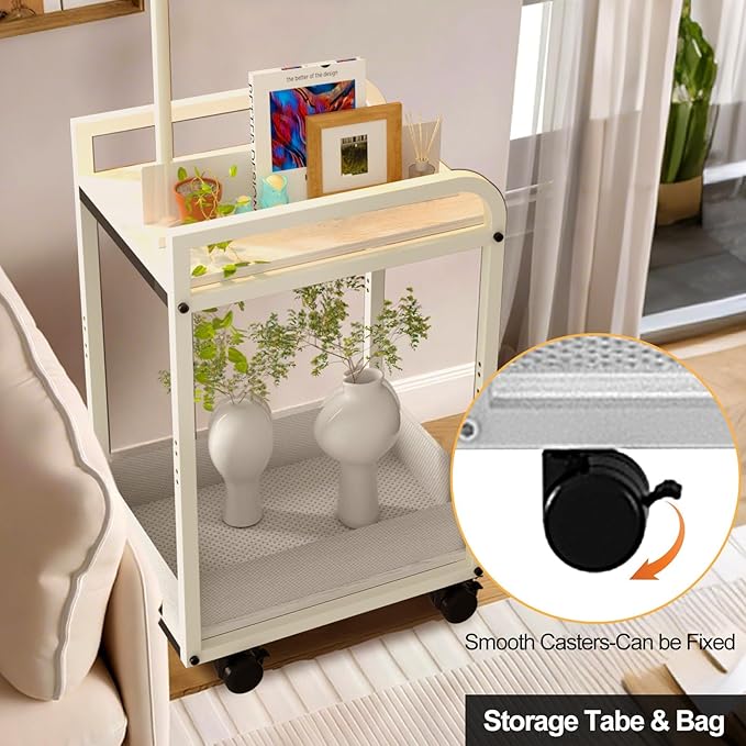 Lightdot 63IN Floor Lamps with Table&Basket, Modern Standing Tall Lamps with Adjustable Fabric Shade and Movable Casters, End Table Lamp for Living Room/Sofa Beside/Corner Decor-White(Bulb Included)
