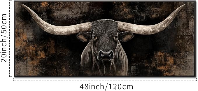 KREATIVE ARTS Large Longhorn Cow Canvas Wall Art with Floater Frame Black White Bull Head Western Cattle Picture Rustic Farmhouse Animal Print for Man Cave Barn Wall Decor 20x48 Inches