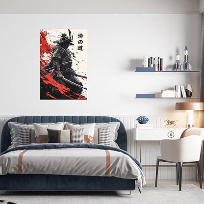 Japanese Bushido Wall Art Samurai Warrior Pictures Wall Decor Canvas Prints Armored Samurai Painting Poster Artwork Modern Home Decor Framed for Bedroom Living Room Office (24''W x 36''H)