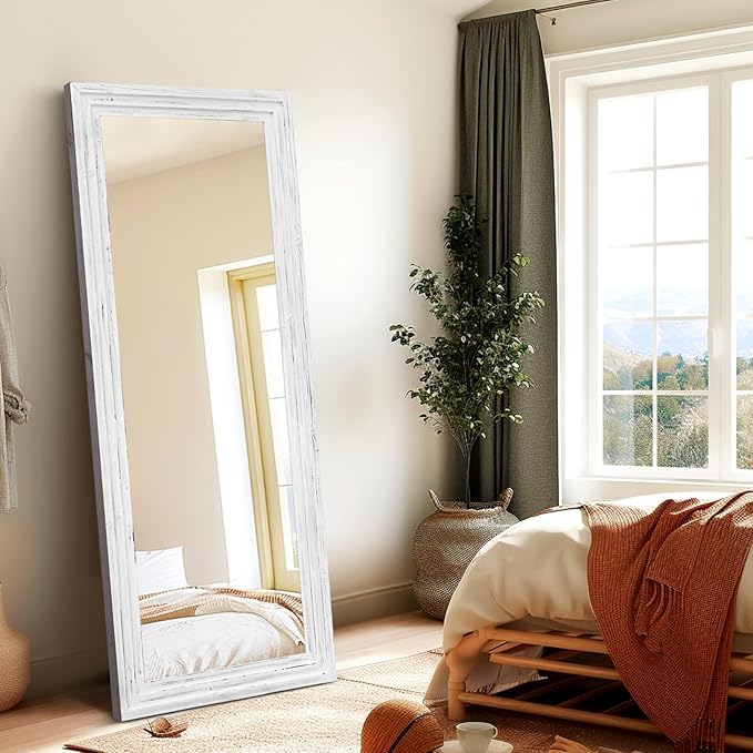 Full Length Mirror 58"x22" Solid Wood Frame Floor Large Mirror for Living Room, Bedroom Hanging or Leaning Wall-Mounted, White