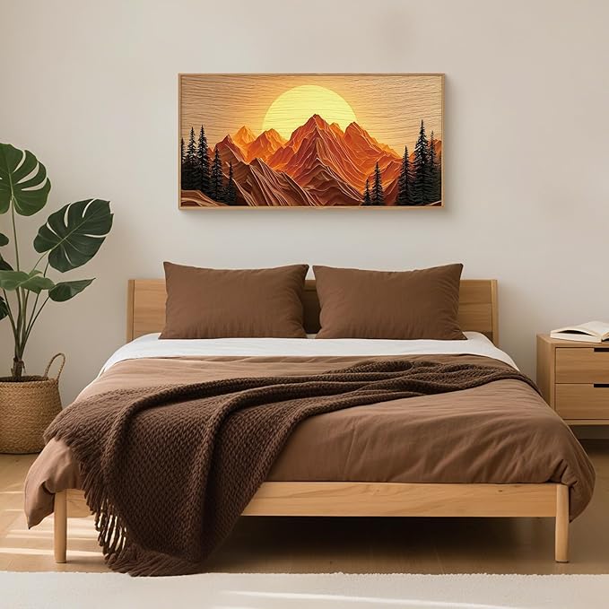 Large Mountain Framed Canvas Wall Art Set, Abstract Ridge Sun Painting, Boho Sunset Scenery Wall Decor,Modern Natural Landscape Art Print for Living Room,Bedroom,Office-20 x40