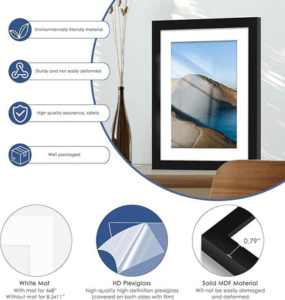 PEALSN 10x14 Picture Frame Set of 6, Display Pictures 8.5 x 11 with Mat or 10 x 14 without Mat for Wall Mounting Display, Photo Frames Collage for Wall Decor, Black.