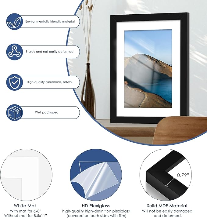 PEALSN 6x8 Picture Frame Set of 6, Display Pictures 5 x 7 with Mat or 6 x 8 without Mat for Wall Mounting or Table Top Display, Photo Frames Collage for Wall Decor, Black.