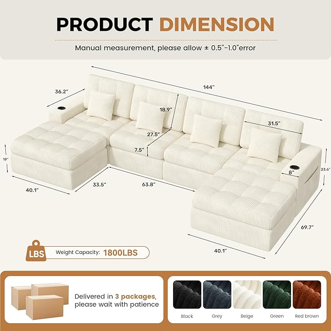 144" U Shaped Cloud Boneless Couch,Modern Modular Sectional Sofa with Layered Cushion,No Assembly Convertible Corduroy Couches for Living Room,Beige 1 PCS