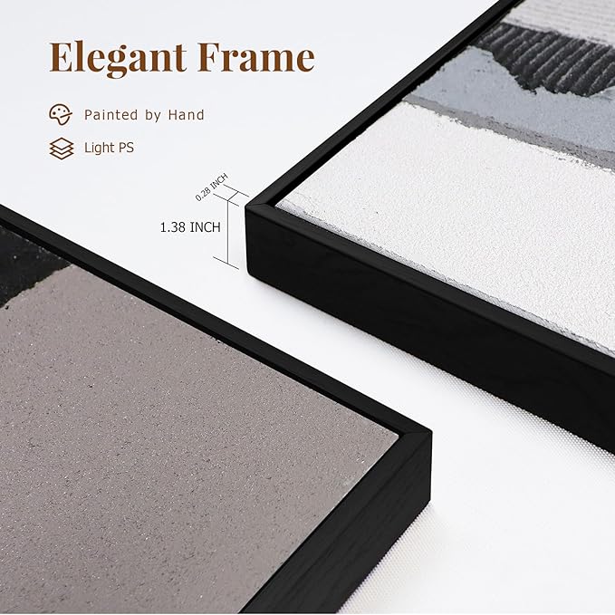 Textured Abstract Wall Art 3D Hand-painted Plaster Neutral Taupe Black White Tones Painting - Distressed Dimensional Minimalist Modern Living Room Bedroom Decor Framed Set of 2-24"x36" Each