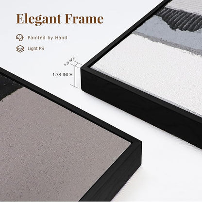 Textured Abstract Wall Art 3D Hand-painted Plaster Neutral Taupe Black White Tones Painting - Distressed Dimensional Minimalist Modern Living Room Bedroom Decor Framed Set of 2-24"x36" Each
