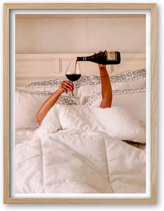 EcoHest Woman Drinking Wine in Bed Framed Wall Art, 16x20 in Large OAK Wood Feminist Alcohol Canvas Art, Trendy Teen Girl Bar Cart College Room Decor, Beige Logs Set of 1 For Bedroom Living Room
