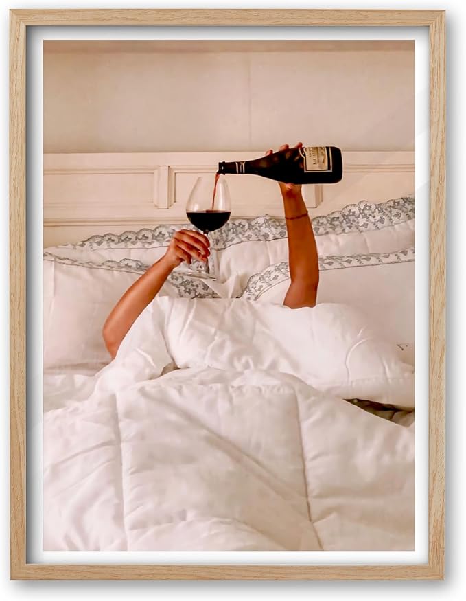 EcoHest Small Woman Drinking Wine in Bed Framed Wall Art, 8x10 in OAK Wood Feminist Alcohol Canvas Wall Art, Trendy Teen Girl Bar Cart Print College Room Decor, Set of 1 For Bedroom Living Room
