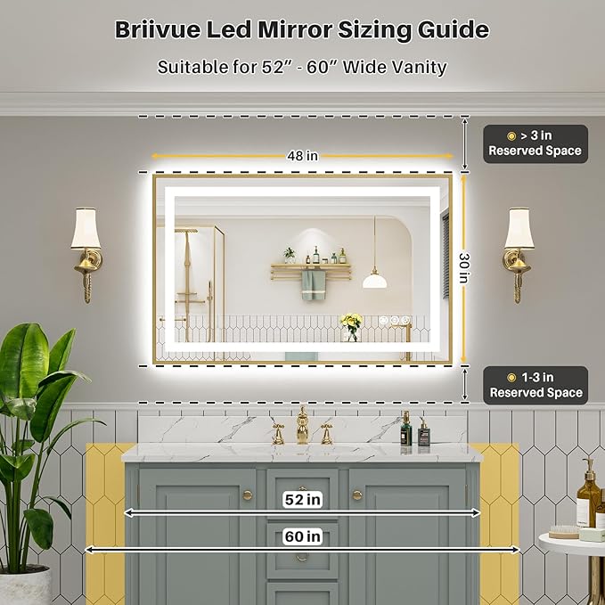 48x30 Inch LED Bathroom Mirror with Gold Frame, Backlit & Front Lit, Anti-Fog Lighted Bathroom Vanity Mirror for Wall, Memory Function, Dimmable, HD Tempered Glass, Shatter-Proof