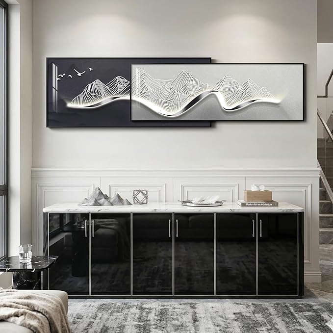 Extra Large Framed Modern Wall Art for Living Room, Set of 2 Long Narrow Black and White Abstract Mountain Prints Paintings, Horizontal Minimalist Pictures for Bedroom Dining Room Office Wall Decor