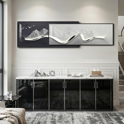 Extra Large Framed Modern Wall Art for Living Room, Set of 2 Long Narrow Black and White Abstract Mountain Prints Paintings, Horizontal Minimalist Pictures for Bedroom Dining Room Office Wall Decor