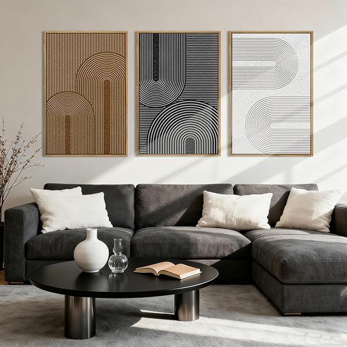 BINCUE Abstract Neutral Canvas Paintings Framed Modern Wall Art Neutral Geometric Wall Decor Modern Abstract Artwork Black and White Wall Paintings Brown Wall Pictures for Bedroom Living Room Office 16x24 Inch Set of 3
