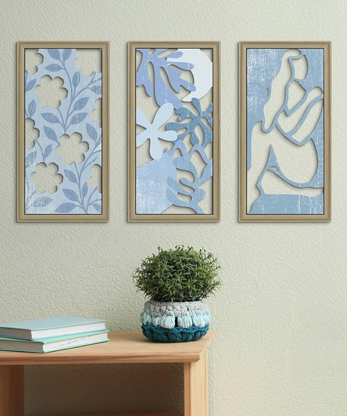 Putuo Decor Boho Floral Wall Art, Minimalist Blue Flower Botanical Wooden Wall Decor with Women Figure Patterns, Modern Aesthetic Print Art for Bedroom Bathroom Living Room Office Set of 3