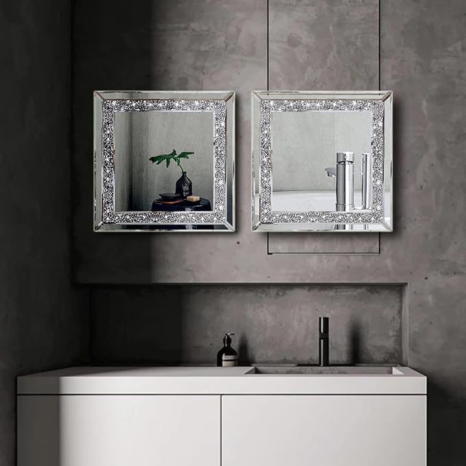 ZOLAPI 2PCS Crystal Rhinestone Diamond Wall Mirror.Brilliant Hand-Spliced Glass Mirror.Accent Decorative Mirror for Hallway/Bathroom/Bedroom（12”x12”）