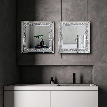 ZOLAPI 2PCS Crystal Rhinestone Diamond Wall Mirror.Brilliant Hand-Spliced Glass Mirror.Accent Decorative Mirror for Hallway/Bathroom/Bedroom（12”x12”）