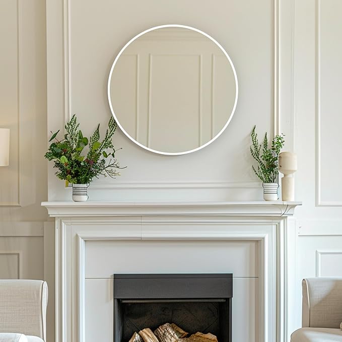 White Round Mirror, White Circle Mirror 24 inch, Round Bathroom Mirrors, Circle Wall Mirrors for Bathroom, Living Room, Hallway, Vanity, Over Sink, Mantel