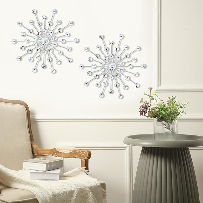 Barydat 6 Pcs Metal Starburst Wall Decor Bling Crystal Wall Art Rhinestone Sunburst Home Decoration No Punch Starburst Hanging Diamond Accents for Living Room Bedroom(25cm,Silver)