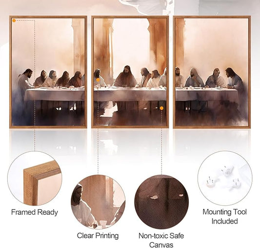 Aurlan Jesus Last Supper Bible Story Wall Art(24"x36"), 3PCS Boho Christ Christian Easter Gifts Canvas Artwork, Neutral Spiritual Religious Faith Decor Prints for Office Home