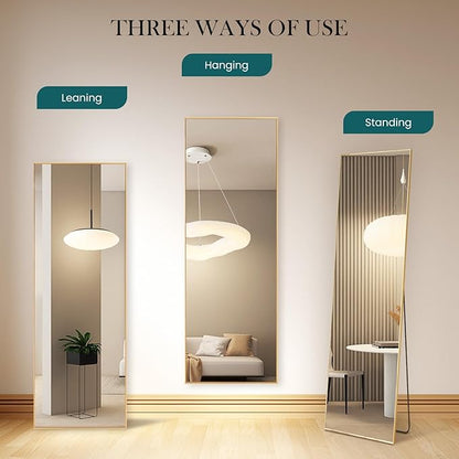 Sweetcrispy 59"x16" Full Length Mirror, Full Body Mirror with Aluminum Alloy Thin Frame, Leaning or Standing, Suitable for Bedroom, Livingroom, Cloakroom, Gold