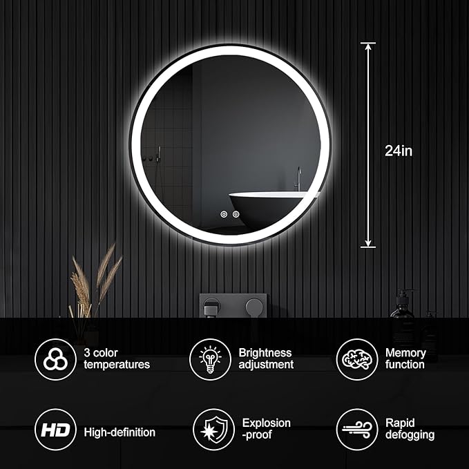 NEWBULIG 24 Inch Round LED Bathroom Wall Mirror with Lights, Light up Vanity Bathroom Mirror for Over Sink, Anti-Fog and Dimmable, Front Light and Backlit, Memory Function, Shatter-Proof, White